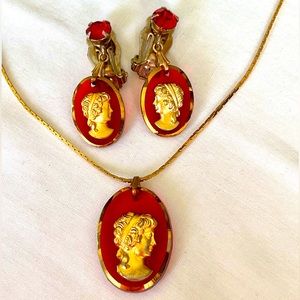 Vintage Red Glass Gold Tone Cameo Necklace & Clip Earring Set